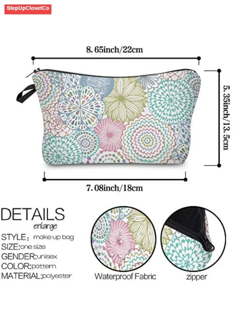Waterproof Polyester Cosmetic Bag for Women Travel Toiletry Pouch Mandala